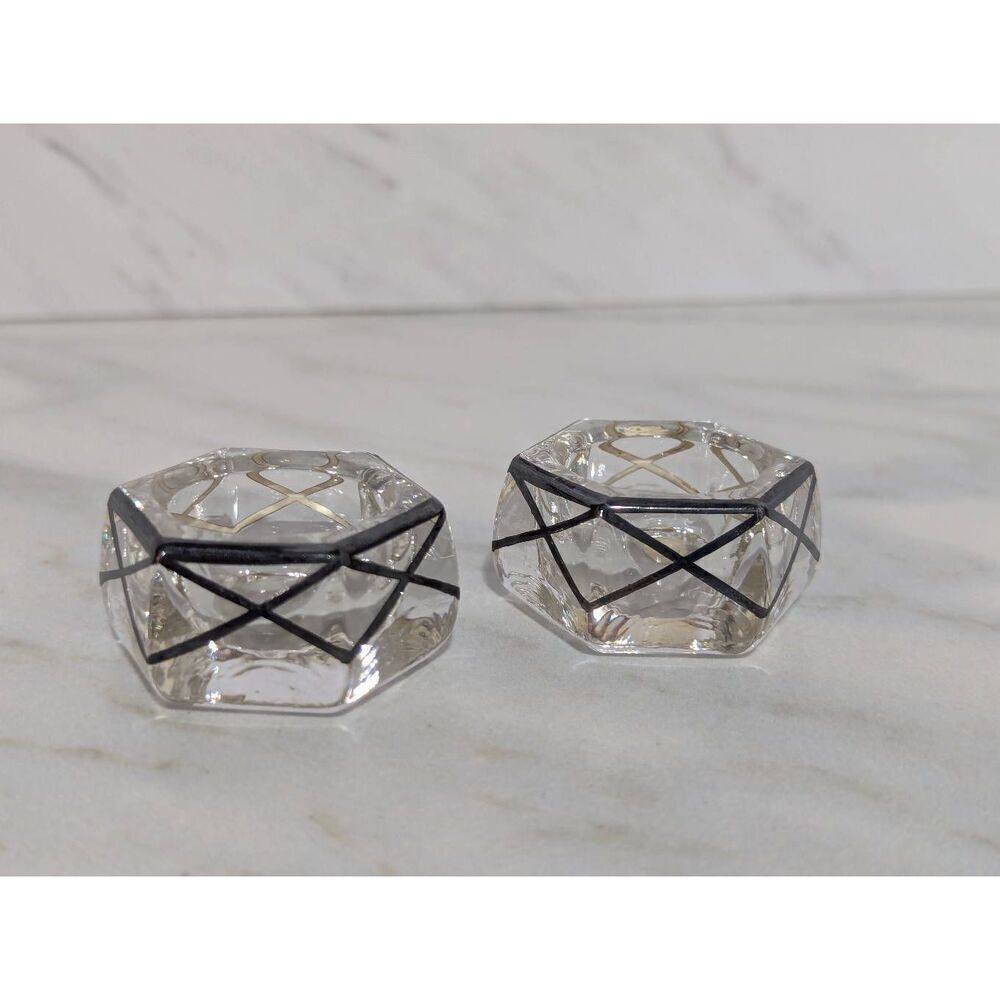 Fostoria Glass Vintage Crystal (2) Open Salt With Silver Criss Cross Design 1915